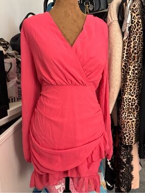 Pink Draped Long-Sleeve Mini Dress